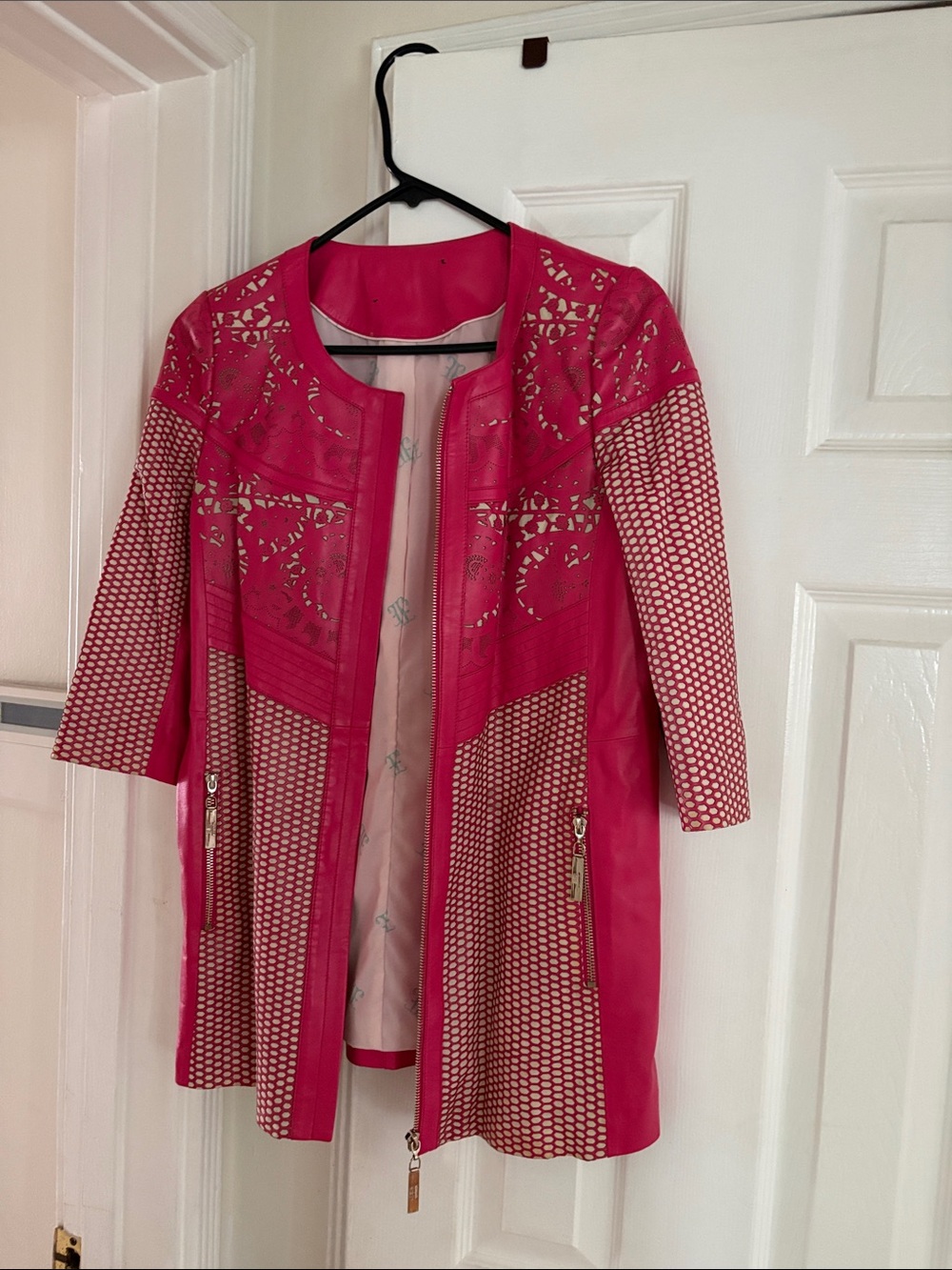 Women's Pink Laser-Cut Longline Leather Jacket